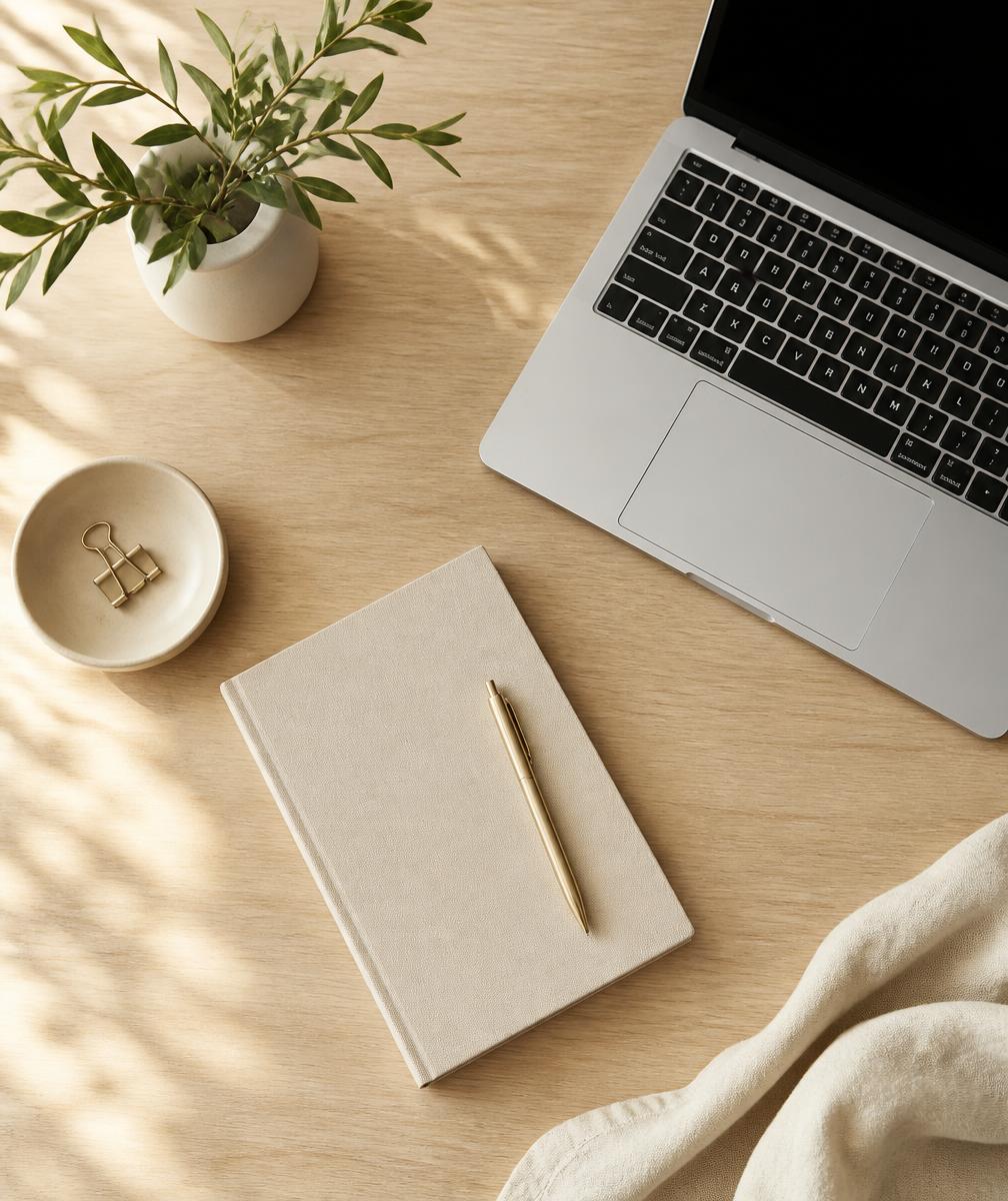Poste de travail épuré avec ordinateur portable et carnet