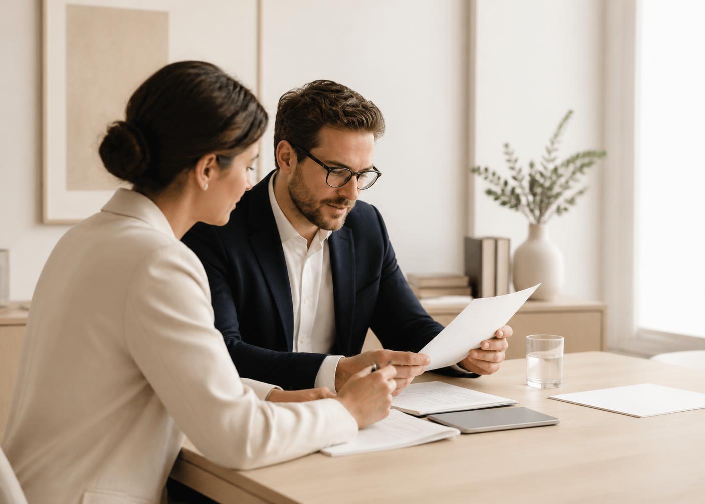 Deux professionnels examinent des documents dans un bureau clair